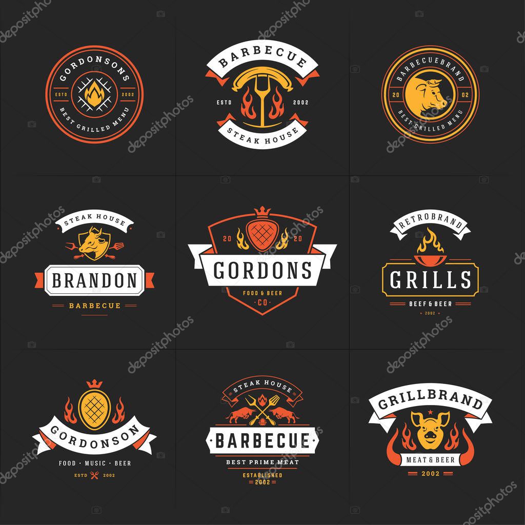 Grill and barbecue logos set vector illustration steak house or restaurant menu badges with bbq food silhouettes. Modern vintage typography labels and emblems design.
