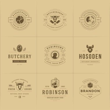 Kasap logoları çiftlik ya da restoran rozetleri ve et siluetleri için vektör illüstrasyonunu iyi ayarlar