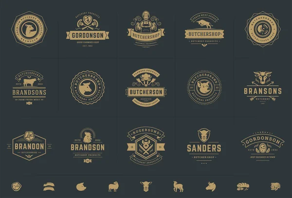 Slagerlogos set vector illustratie goed voor boerderij of restaurant badges met dieren en vlees silhouetten — Stockvector