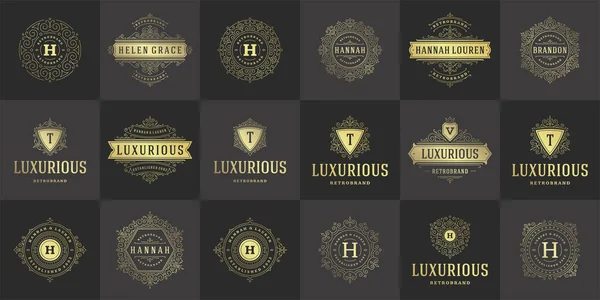 Logotipos vintage e monogramas definir elegante floresce linha arte ornamentos graciosos estilo vitoriano modelo vetorial design —  Vetores de Stock