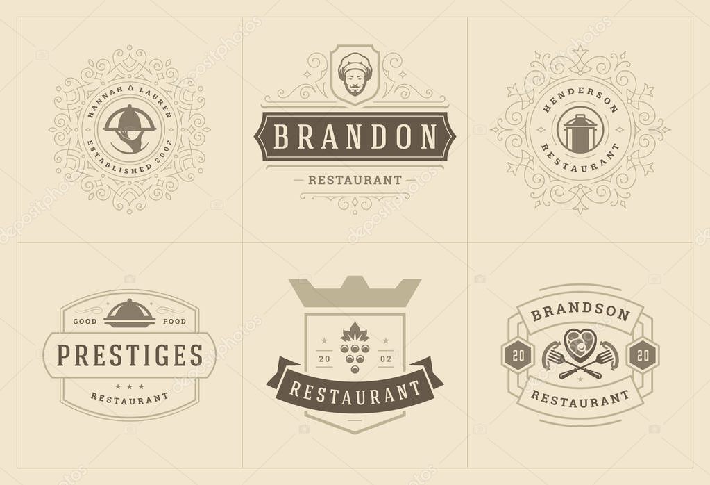 Restaurant logos templates set vector illustration good for menu labels and cafe badges. Vintage typography decoration design elements and symbols.