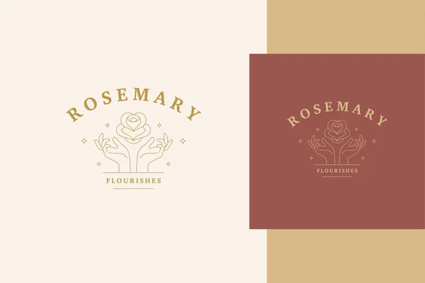 Logo graphique linéaire des mains féminines avec le style de ligne de fleur rose — Image vectorielle