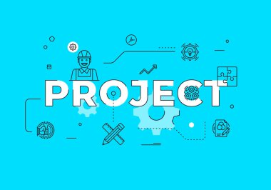 Proje metni konsepti modern düz biçim vektör illüstrasyonu ana hatları simgeli kırmızı pankart