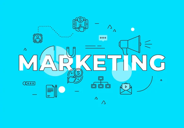 Concepto de texto de marketing moderno estilo plano vector ilustración banner rojo con iconos de contorno — Archivo Imágenes Vectoriales