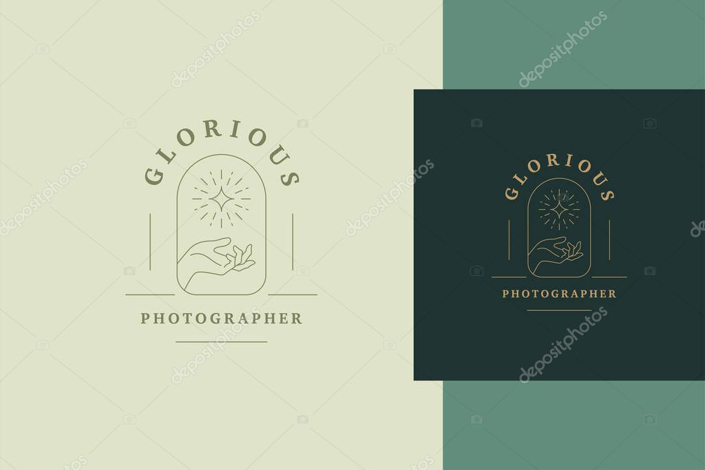 Simple vector illustration of linear style emblem template with female hand holding shimmering star in window designed for photography agency line style