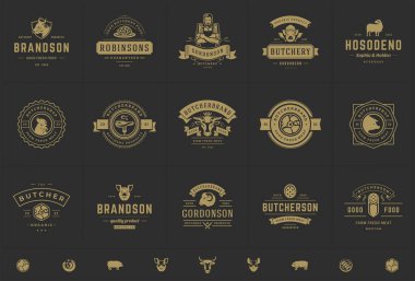 Kasap logoları çiftlik ya da restoran rozetleri ve et siluetleri için vektör illüstrasyonunu iyi ayarlar