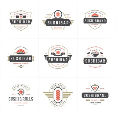 Suşi restoranının logoları ve rozetleri suşi somonlu Japon yemeklerini siluet vektör çizimine ayarlıyor.