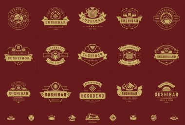 Suşi restoranının logoları ve rozetleri suşi somonlu Japon yemeklerini siluet vektör çizimine ayarlıyor.