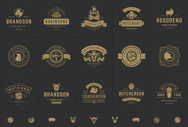 Logos de boucherie illustration vectorielle pour badges de ferme ou de restaurant avec des silhouettes d'animaux et de viande — Image vectorielle