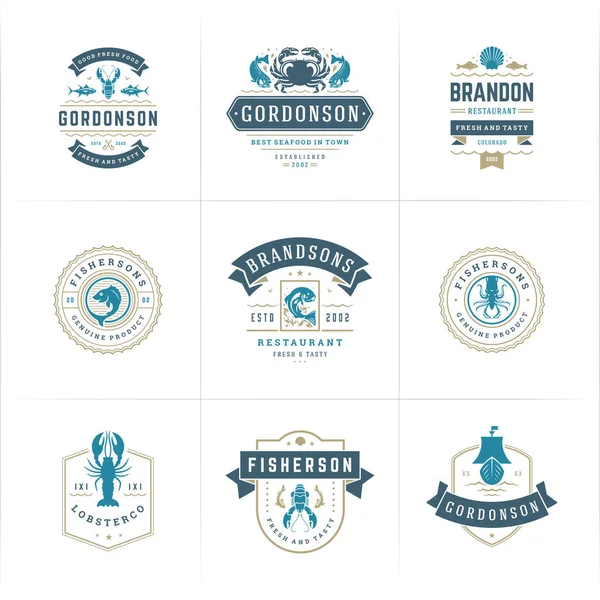 Deniz ürünleri logoları veya tabelalar vektör illüstrasyon balık pazarı ve restoran amblemleri dizayn etme şablonu — Stok Vektör