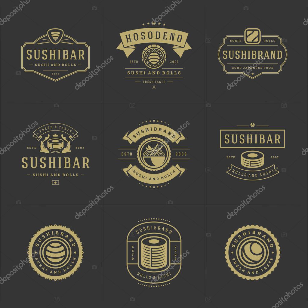 Sushi restaurant logos and badges set japanese food with sushi salmon rolls silhouettes vector illustration. Modern retro typography emblems and signs design.