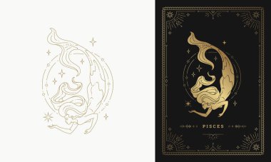 Zodiac balık burcu kız karakteri burç çizgisi sanat silueti tasarımı çizimi illüstrasyonu