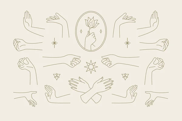 Female hands gestures collection of line art hand drawn style vector illustrations. — Stock Vector