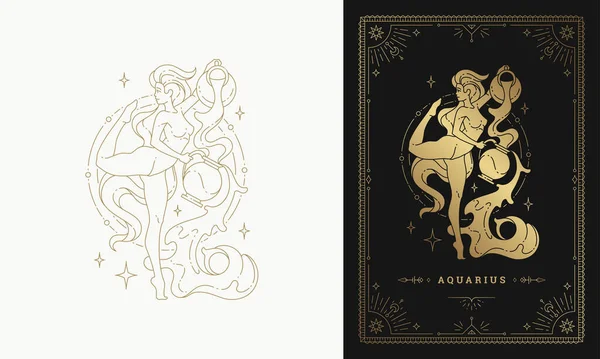 Зодиакальный аквариум девушка персонаж гороскоп знак линии искусства силуэт дизайн векторной иллюстрации — стоковый вектор