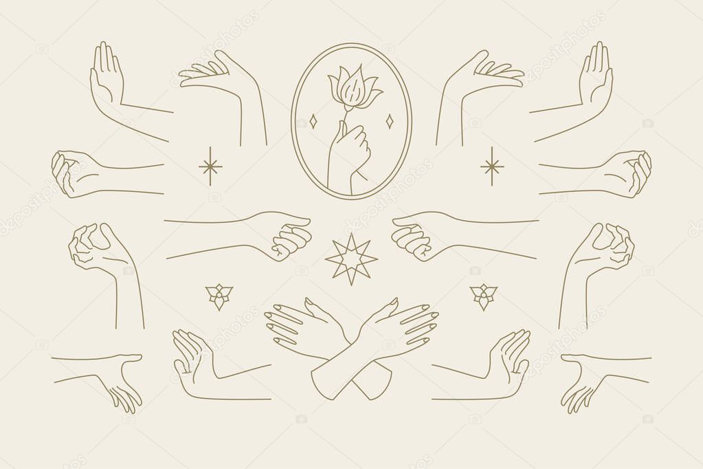 Female hands gestures collection of line art hand drawn style vector illustrations.