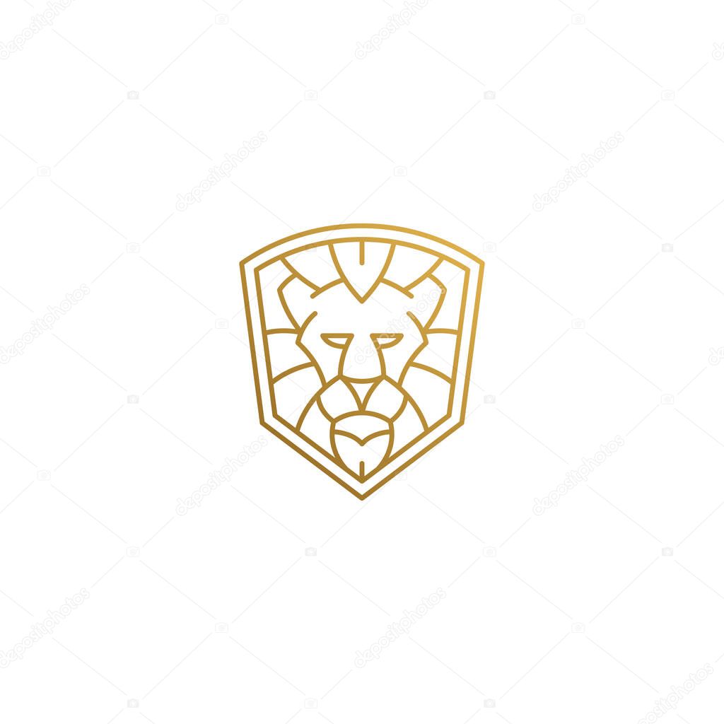 Minimal vector illustration of shield shap linear style logo design template of golden geometric lion head as aggressive apex predator