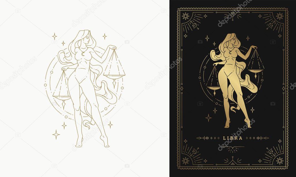 Zodiac libra girl character horoscope sign line art silhouette design vector illustration
