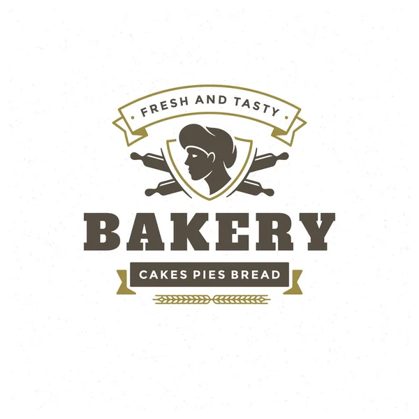 Bakery badge or label retro vector illustration. Baker man or chef in hat silhouette for bakehouse. — Stock Vector