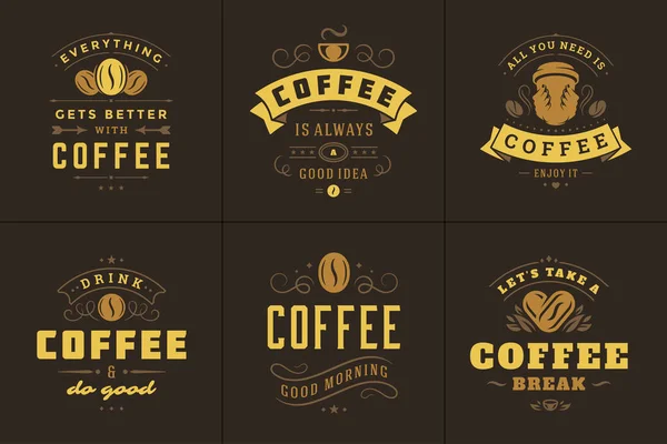 Coffee quotes vintage typographic style inspirational phrases vector illustrations set. — Stock Vector