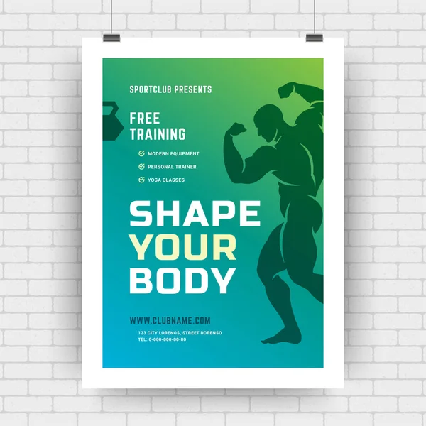 Fitness Center Flyer moderne typografische Gestaltung Event-Cover-Design-Vorlage A4 Größe mit Bodybuilder Mann Silhouette — Stockvektor