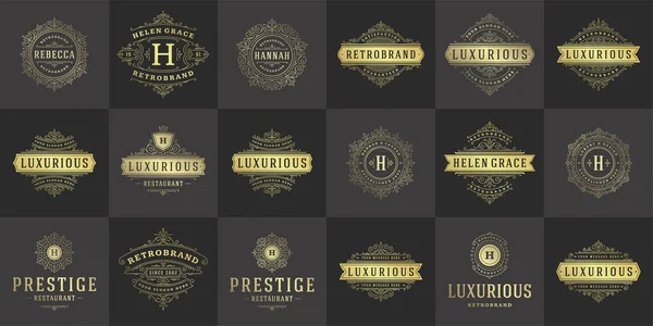 Vintage logo 's en monogrammen set elegant bloeit lijn kunst sierlijke ornamenten victoriaanse stijl vector template ontwerp — Stockvector