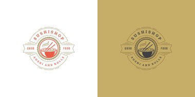 Suşi logosu ve rozetli Japon yemek restoranı erişteli erişte çorbası Asyalı mutfak silueti çizimi