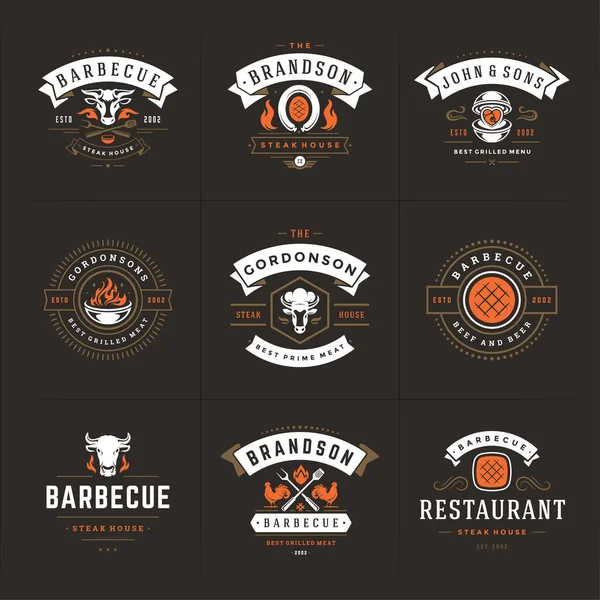 Grill and barbecue logos set vector illustration steak house or restaurant menu badges with bbq food silhouettes — Stock Vector