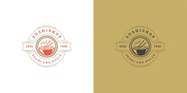 Sushi logo en badge japans eten restaurant met ramen noedel soep aziatische keuken silhouet vector illustratie — Stockvector
