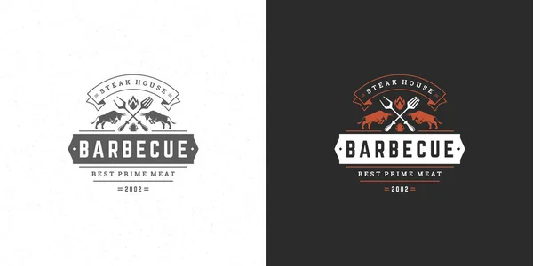 Gril logo vektor ilustrace gril steak dům nebo BQ restaurace menu emblém býci silueta — Stockový vektor
