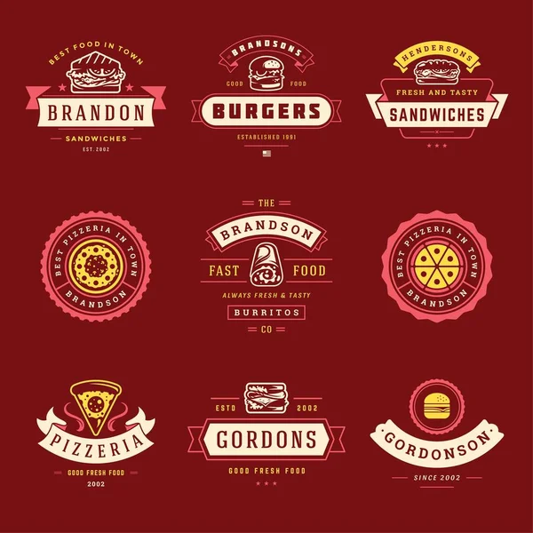 Logos Fast Food ensemble illustration vectorielle bon pour pizzeria ou burger boutique et restaurant menus badges avec silhouette alimentaire — Image vectorielle