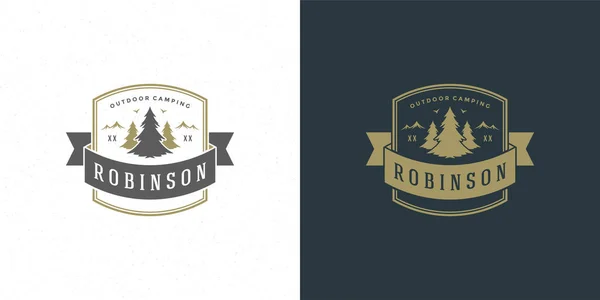 Foresta campeggio logo emblema vacanza estiva vettore illustrazione pino silhouette per camicia o stampa timbro — Vettoriale Stock