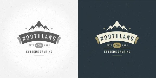 Logotipo del camping de montaña emblema paisaje al aire libre vector ilustración roca colinas silueta para camisa o sello de impresión — Vector de stock