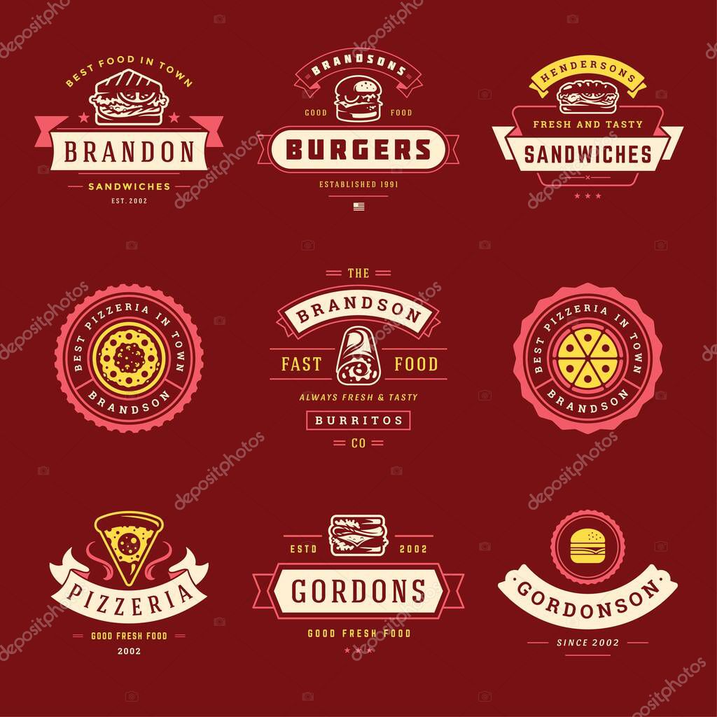 Fast food logos set vector illustration good for pizzeria or burger shop and restaurant menu badges with food silhouettes. Retro typography emblems design.
