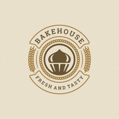 Fırın rozeti veya etiketi vektör illüstrasyon kek ve buğday siluetleri fırın evi için.