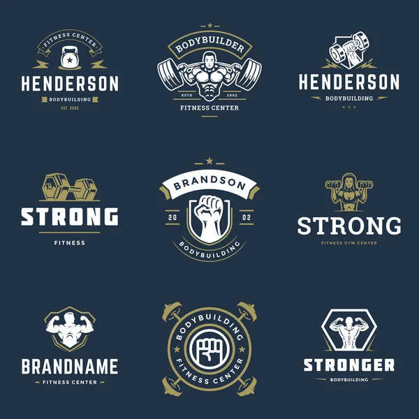 Centro de fitness e esportes ginásio logotipos e emblemas design conjunto vetor ilustração. — Vetor de Stock