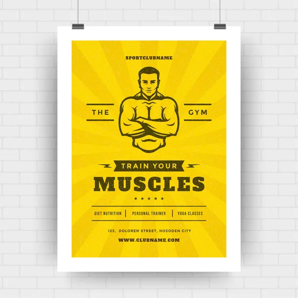 Fitness Center Flyer moderne typografische Gestaltung Event-Cover-Design-Vorlage mit Bodybuilder Mann Silhouette — Stockvektor