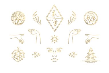 Vector line feminine decoration design elements set - female face and gesture hands illustrations minimal linear style vector Vector line feminine decoration design elements set - female face and gesture hands illustrations minimal linear style vector