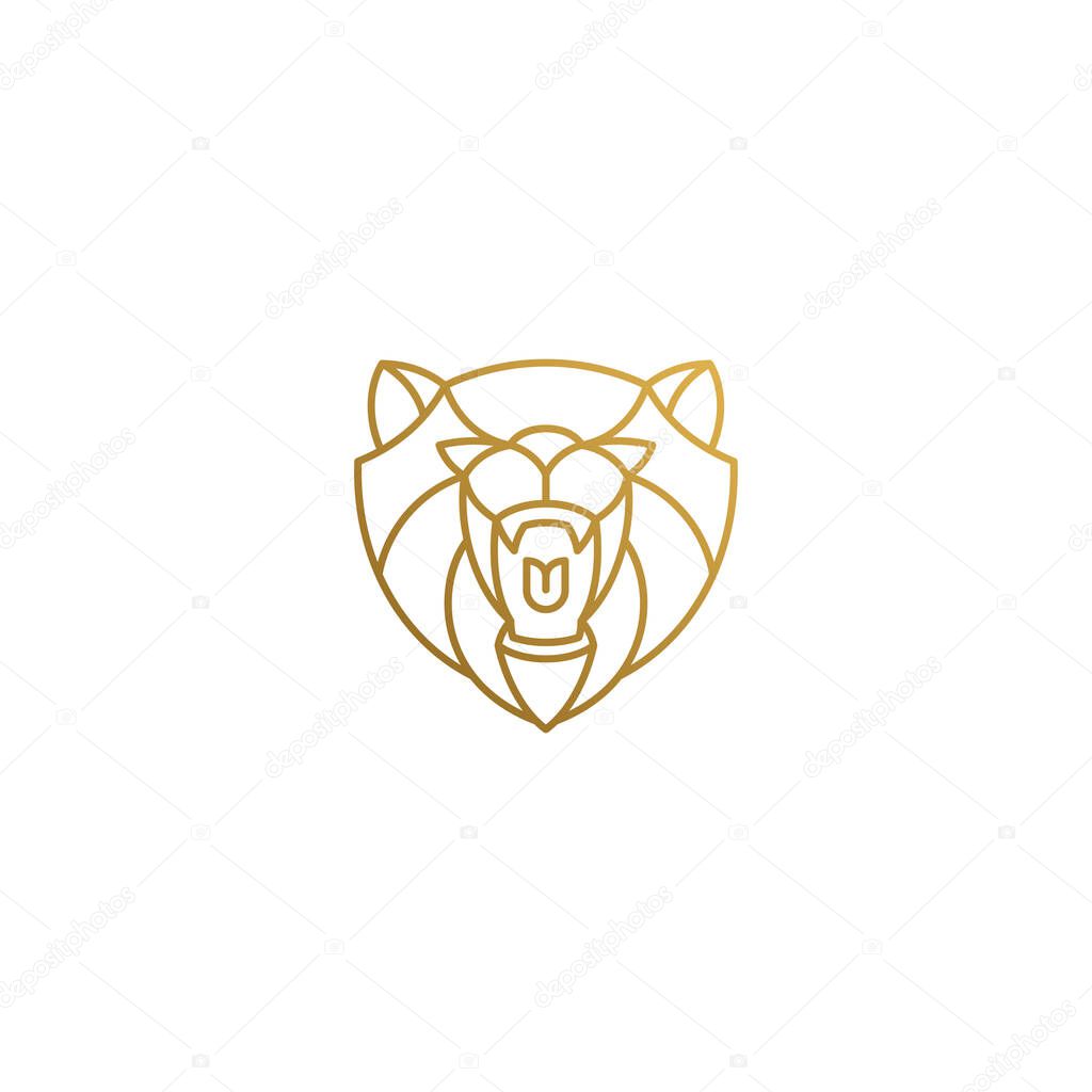Minimal vector illustration of linear style emblem design template of geometric head of roaring bear hand drawn with golden lines