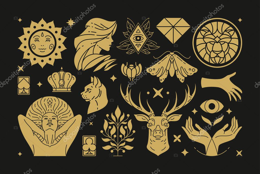 Esoteric magic and witch vector design elements set with female hands gestures. Hand drawn silhouettes, spiritual stickers collection. Witchcraft symbols for greeting cards, mystery logo or poster