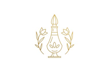 Çiçekler ve zarif parfüm şişesi siluet doğrusal vektör çizimi.