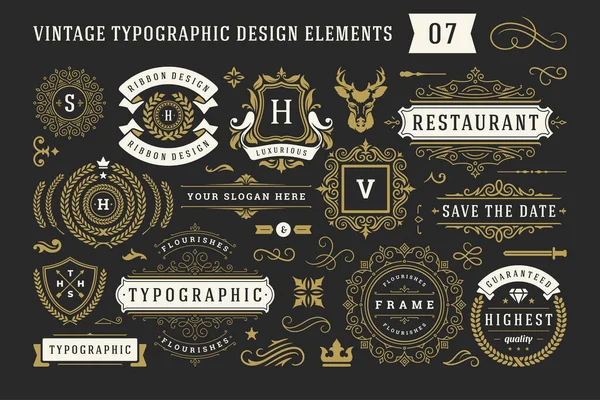 Vintage typografische decoratieve ornament design elementen set vector illustratie — Stockvector