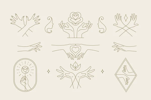 Mãos femininas gestos coleção de linha arte mão desenhada estilo vetor ilustrações. — Vetor de Stock