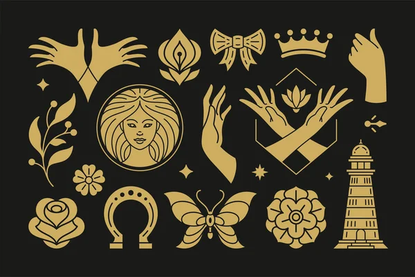 Magia esotérica e elementos de design vetorial bruxa definido com gestos de mãos femininas. — Vetor de Stock