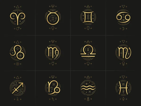 Zodiak astrologia horoskop glify linocut sylwetki projekt wektor ilustracje zestaw — Wektor stockowy