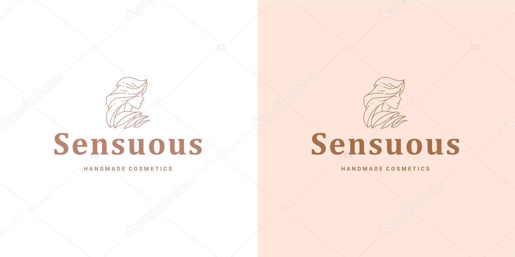 Female face with beautiful hairstyle logo template linear vector illustration. Elegant emblem design in frame designed for cosmetics packaging or hairdresser line art style.