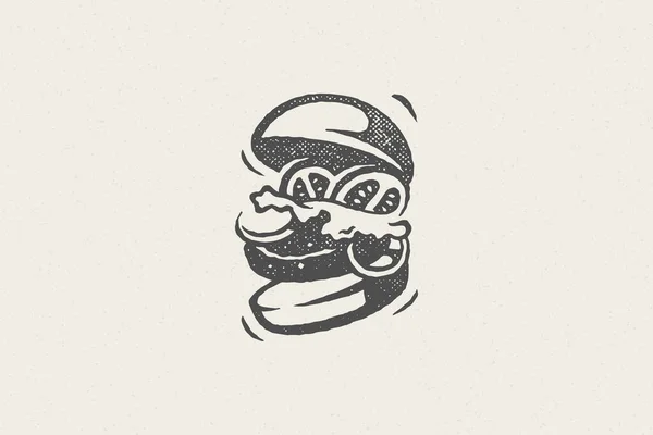 Silhouette de hamburger comme illustration vectorielle d'effet de timbre dessiné à la main de service de restauration rapide logo. — Image vectorielle