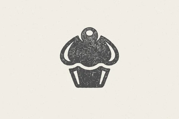 Silueta de emblema retro de cupcake con crema como símbolo para panadería ilustración vectorial efecto sello dibujado a mano. — Vector de stock