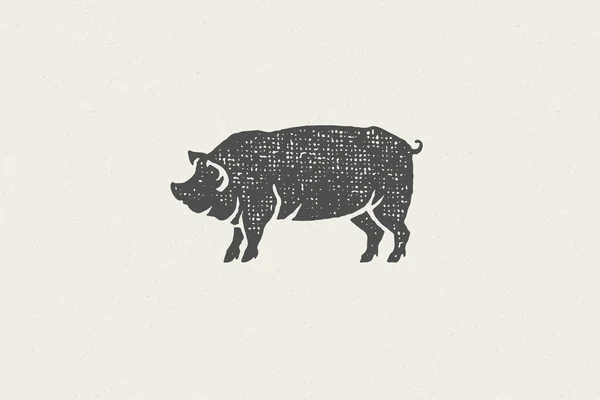 Silhouette de porc rouge pour l'industrie de la viande ou le marché des agriculteurs illustration vectorielle d'effet de timbre dessiné à la main. — Image vectorielle