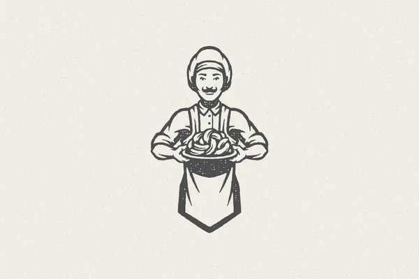 Chef macho sosteniendo racimo de salchichas frescas dibujado a mano sello efecto vector ilustración. — Vector de stock