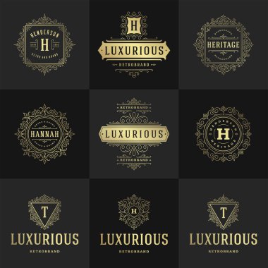 Vintage logolar ve monogramlar zarif çizgiler çizer zarif süsler Viktorya tarzı vektör şablonu tasarımı